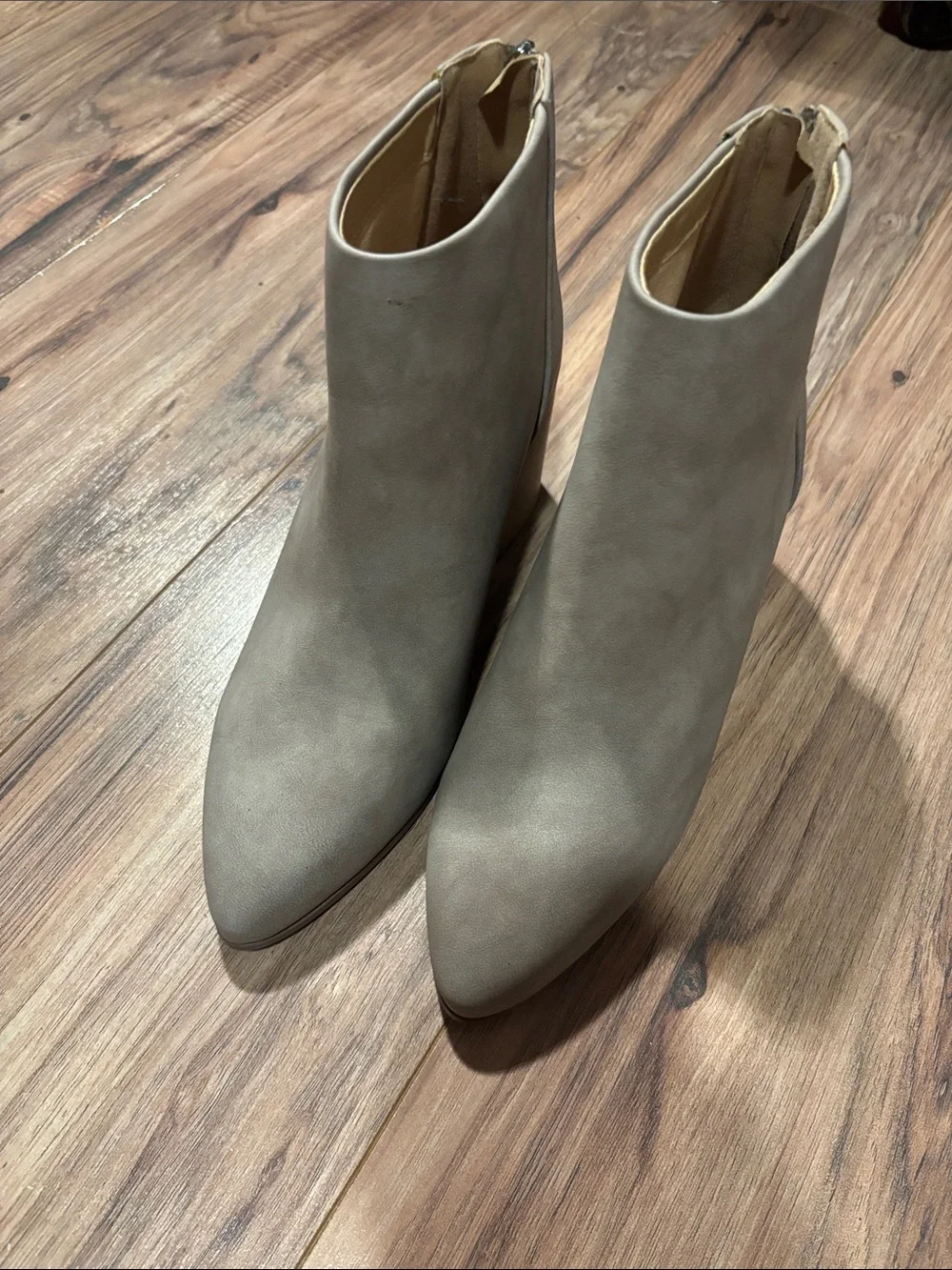 Pointed-Toe Taupe Ankle Booties with Side Zip